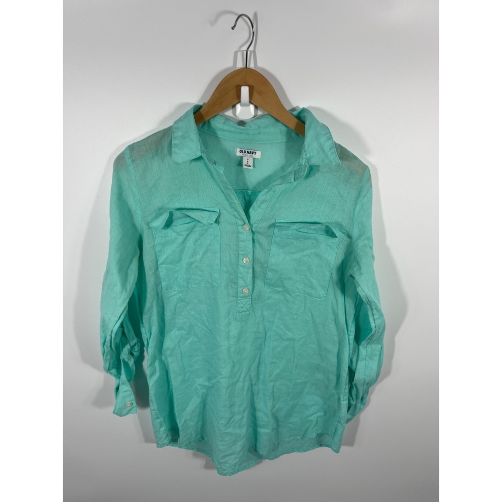 Old Navy Womens Linen Cotton Blend Pop Over Top S Blue Resort Beach Lightweight